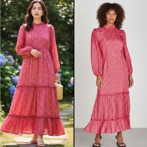 RIXO Monet Pink/Black Floral Silk Cotton Maxi Dress Long Sleeves Summer Size S‎